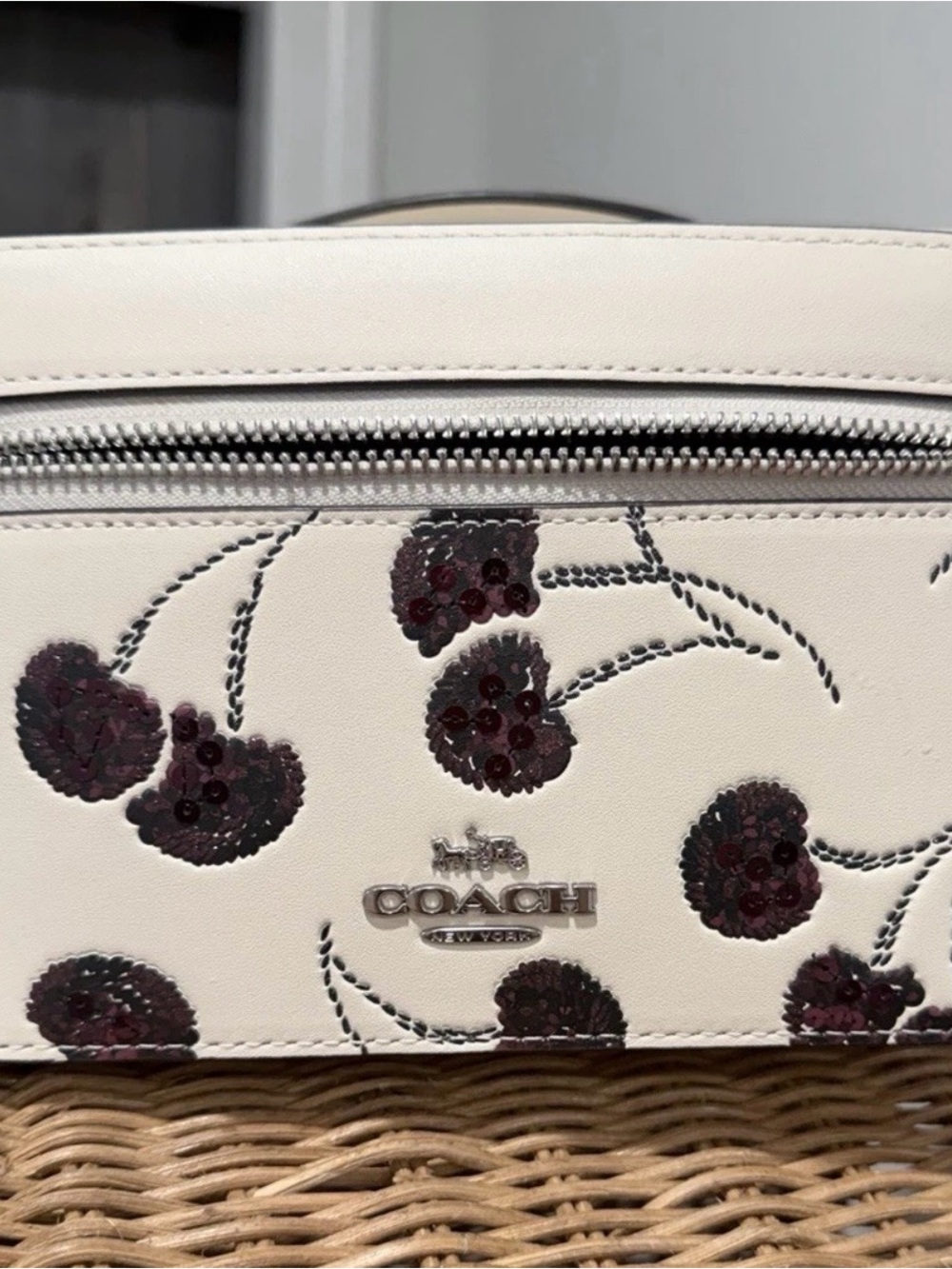 Coach Cream Leather Cosmetic Case Dark Red Sequin Cherry Accents